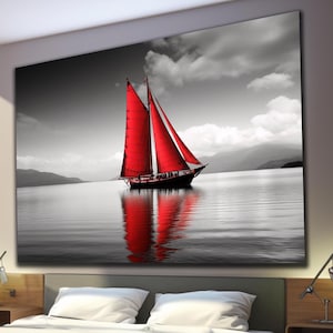 Red Sailing Boat Tempered Glass Wall Art, Boat Glass Wall Decor, Wall Hangings, Extra Large Wall Art, Housewarming Gifts, Home Decoration