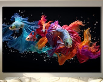 May include: A colorful abstract art print featuring a group of vibrant betta fish with flowing fins against a black background. The fish are in various shades of blue, red, orange, and purple.
