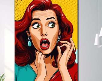 Popart wanddecoratie van gehard glas, WOW glaskunst met een vrouw in de hoofdrol, stripachtige popart, grote wanddecoratie, housewarming cadeaus, wanddecoratie, schokkende stripstijl