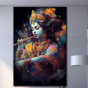 Arte de parede Krishna em vidro temperado, Arte de parede Krishna, Decoração de parede hindu, Arte de parede grande, Presente de inauguração de casa, Decoração de parede de vidro, Decoração hindu