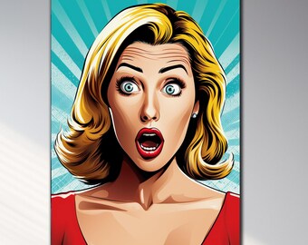 Popart wanddecoratie van gehard glas, WOW glaskunst met een vrouw in de hoofdrol, stripachtige popart, grote wanddecoratie, housewarming cadeaus, wanddecoratie, schokkende stripstijl