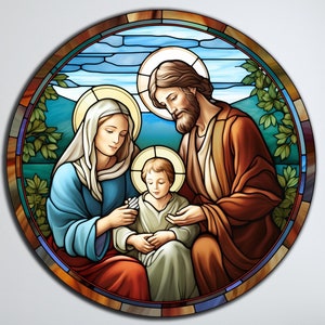 Art mural en verre trempé Sainte Famille, art mural de Jésus, art mural catholique, art mural rond, art du verre cercle, tenture murale, très grande art mural