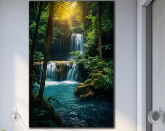 Paradise Waterfall Tempered Glass Wall Art, Natural Glass Art, Glass Wall Art, Vivid Wall Decor, Extra Large Wall Art, Waterfall Wall Art