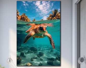Muurkunst van gehard glas zeeschildpad, muurdecoratie dieren, oceaankunst, natuurlijke muurdecoratie, kunst aan de muur gehard glas, moderne kunst, decoratie schildpad.
