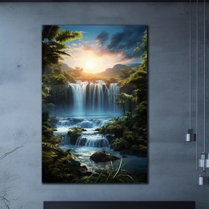 Paradise Waterfall Tempered Glass Wall Art, Natural Glass Art, Glass Wall Art, Vivid Wall Decor, Extra Large Wall Art, Waterfall Wall Art