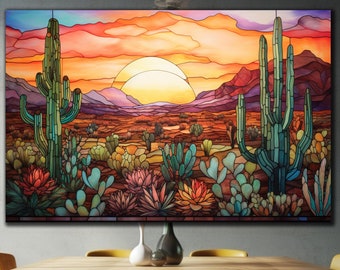 Kaktus-Wandkunst, gehärtetes Glas-Wandkunst, Blumen-Wandkunst, Wüsten-Wandkunst, Glasmalerei-Kaktus-Wandkunst, Wandbehänge, Housewarming-Geschenk