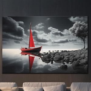 Red Sailing Boat Tempered Glass Wall Art, Boat Glass Wall Decor, Wall Hangings, Extra Large Wall Art, Housewarming Gifts, Home Decoration