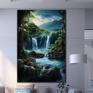 Paradise Waterfall Tempered Glass Wall Art, Natural Glass Art, Glass Wall Art, Vivid Wall Decor, Extra Large Wall Art, Waterfall Wall Art