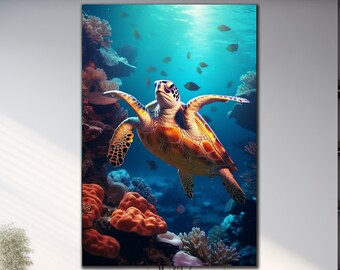 Muurkunst van gehard glas zeeschildpad, muurdecoratie dieren, oceaankunst, natuurlijke muurdecoratie, kunst aan de muur gehard glas, moderne kunst, decoratie schildpad.