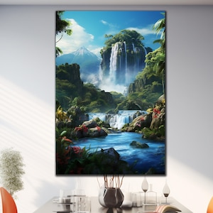 Paradise Waterfall Tempered Glass Wall Art, Natural Glass Art, Glass Wall Art, Vivid Wall Decor, Extra Large Wall Art, Waterfall Wall Art