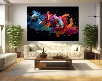 May include: A large rectangular wall art print featuring multiple vibrant betta fish with flowing, iridescent fins in shades of blue, purple, orange, and red, swimming against a solid black background with small bubbles scattered throughout.