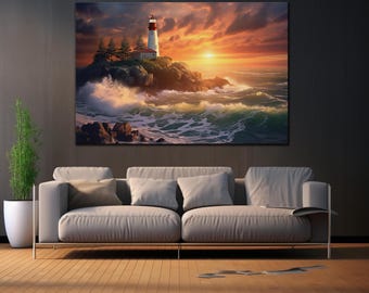 Könnte beinhalten: Ein rechteckiger Wandkunstdruck, der einen Leuchtturm auf einer felsigen Klippe bei einem lebhaften Sonnenuntergang zeigt. Die Szene umfasst brechende Meereswellen, dunkle Wolken und einen leuchtenden Horizont. Der Druck hängt über einem grauen Sofa.