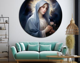 May include: A circular wall art piece featuring a portrait of a figure with a light blue head covering and white garment, holding pink roses. The figure is set against a dark, ethereal background with a glowing circular halo effect behind the head.