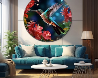 May include: A circular wall art piece featuring a vibrant hummingbird in flight, surrounded by bright red hibiscus flowers against a dark, moody background. The bird displays iridescent green, blue, and orange plumage with detailed wings.