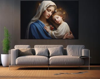 May include: A rectangular wall art print depicting a woman in a white head covering and blue robe holding a child in a white garment. Both figures have glowing halos around their heads against a dark background, displayed above a gray sofa.
