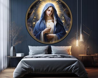 May include: A circular wall art piece featuring a portrait of a figure with a blue head covering and white garment, surrounded by a golden halo and star accents. The artwork is framed in a thin gold circle and displayed on a dark blue wall.
