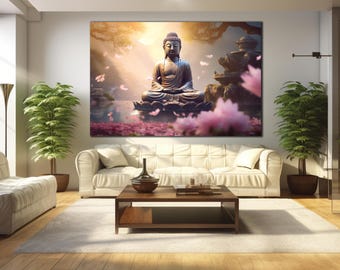 Estatua de Buda para pared, arte mural en vidrio templado, decoración hindú para pared, lámina de Buda, arte mural extragrande, regalos para inauguración de casa, adornos de pared.