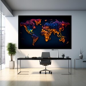 May include: A colorful world map with a dark background. The map is made up of glowing lines and dots, creating a modern and abstract design.