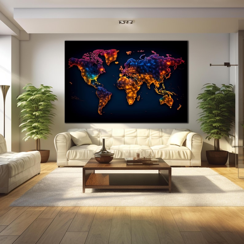 May include: A colorful world map with a dark blue background. The continents are outlined in bright orange, yellow, red, and blue. The map is printed on a canvas and is ready to hang.