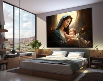 May include: A large rectangular wall art print depicting a woman in a blue head covering holding a baby in white clothing. The scene features a glowing circular light behind them, dark shadows, and floral accents in a bedroom with a bed and lamps.