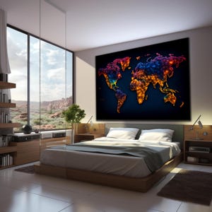 May include: A modern bedroom with a large world map canvas print hanging above the bed. The map is a colorful abstract design with a dark blue background. The bed is a platform bed with a wooden frame and a white duvet. The room has a large window with a view of a desert landscape.