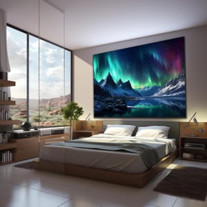 May include: A large rectangular wall art print featuring a vibrant aurora borealis display over snow-capped mountains and a dark lake. The scene includes deep blues, bright greens, and hints of purple, creating a high-contrast night sky landscape.