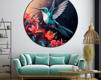 May include: A circular wall art piece featuring a vibrant turquoise and white hummingbird in flight, surrounded by bright red and orange tropical flowers against a dark, abstract background with soft light gradients.