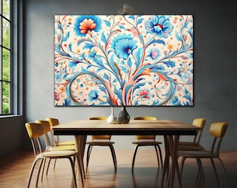 May include: A rectangular wall art print featuring a symmetrical floral pattern with large blue and orange blossoms, swirling stems, and delicate leaves against a cream background, displayed in a horizontal orientation on a grey wall.