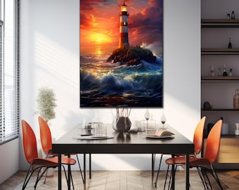 Könnte beinhalten: Ein vertikaler Wandkunstdruck, der einen rot-weiß gestreiften Leuchtturm auf einer felsigen Insel inmitten turbulenter Meereswellen zeigt. Die Szene spielt während eines lebhaften Sonnenuntergangs mit orangefarbenen und blauen Wolken.