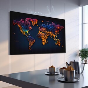 May include: A colorful world map with a dark blue background. The map is made up of glowing, interconnected dots in shades of red, orange, yellow, and blue.