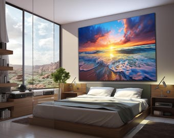 Puede incluir: Un gran cuadro rectangular de pared que muestra una vibrante puesta de sol sobre un océano con olas rompientes, exhibido sobre una cama con ropa de cama blanca en una habitación con ventanales y estanterías de madera a los lados.