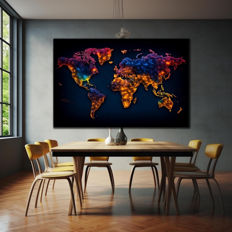 May include: A colorful world map with a dark blue background. The continents are outlined in a glowing orange, yellow, and red color. The map is hanging on a wall above a wooden table with yellow chairs.