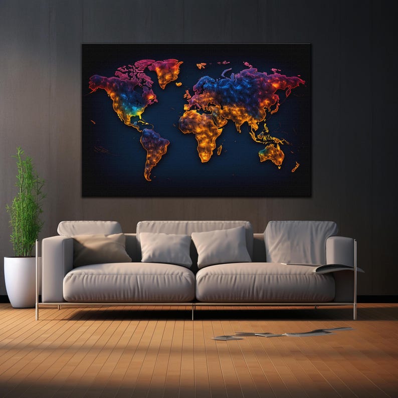 May include: A colorful world map with a dark blue background. The continents are outlined in a glowing orange, yellow, red, and blue color scheme.