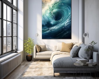 May include: A large vertical wall art print depicting a powerful, curling ocean wave in shades of deep blue, turquoise, and white foam, displayed in a bright living room above a light gray sectional sofa with beige and gray throw pillows.