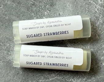 SUGARED STRAWBERRIES Lip Balm – Strawberry Lip Balm with Jojoba & Avocado Oils, Moisturizing Lip Care, Handmade Lip Balm, Gift Under 5
