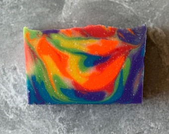 RAINBOW PUNCH Soap - Handmade Cold Process Soap made with Olive Oil and Silk, Colorful Artisan Soap, Handmade Gift, Rainbow Soap Bar