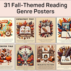 31 Herbst-Themen-Lesegenres Poster: Belletristik, Sachbuch Klassenzimmer-Library Decor, ELA Book Genre Schilder, Herbst Printables Digital Download