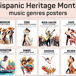 Géneros musicales del Mes de la Herencia Hispana: 30 carteles de danza, Latinoamérica y España, decoración de bibliotecas para aulas, educación cultural, descarga digital