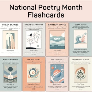 Flashcards nationale poëziemaand | Aanwijzingen voor het schrijven van poëzie | Literaire analysekaarten | Creatieve poëzietips | Digitale download