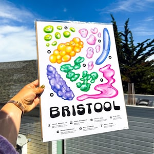 May include: A white poster with a colorful illustration of different shapes with smiley faces. The poster is titled "BRISTOOL" and has a numbered list of descriptions below the illustration. The descriptions are: 1. "HELLA BACKED UP", 2. "KINDA BACKED UP", 3. "PRETTY FINE", 4. "ALOE FINE", 5. "MORE FIBER GAME", 6. "WILD DARNINS", 7. "WATER WORKS"