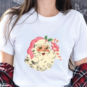 Pink Santa Retro Christmas Shirts, for Women Pink Christmas Matching Family Shirts, Pink Vintage Holiday Shirt, Crewneck Group Party Shirt