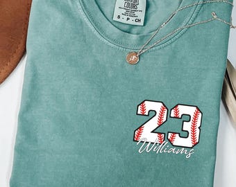 Comfort Colors* Personalized Baseball Shirt, Custom Baseball Number Tee, Vintage Sports Mom T-Shirt, Baseball Pocket, Gift for Baseball Fans