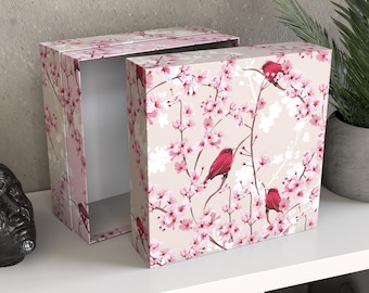 Personalized Japanese Art Storage Box | Keepsake Chest, Large Custom Memory Box, Floral Bird Decor, "Kyoto Garden"