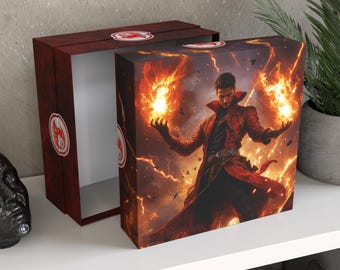 Personalized MTG Red Mana Storage Box | Mage Art, Commander Deck Organizer, Holds 5000 Cards, "Inferno Caller"