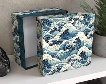 Personalized Japanese Wave Box | Ocean Art Keepsake Chest, Large Custom Memory Box, "Nami no Uta"