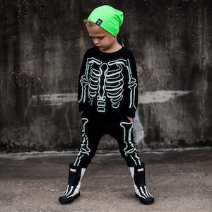 GLOW in the DARK SKELETON Costume • Toddler Boy Halloween, Cool Boy Clothes, Skeleton Joggers, Punk Rock Kid's, Easy Baby Halloween Outfit