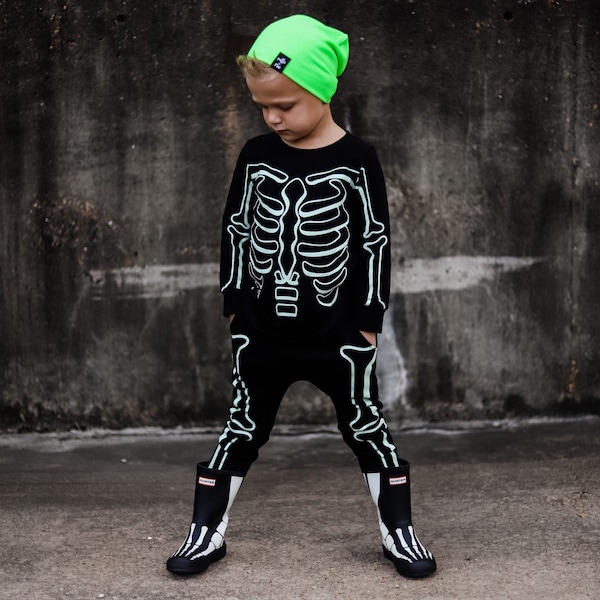 GLOW in the DARK SKELETON Costume • Toddler Boy Halloween, Cool Boy Clothes, Skeleton Joggers, Punk Rock Kid's, Easy Baby Halloween Outfit
