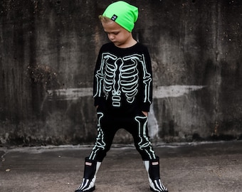 GLOW in the DARK SKELETON Costume • Toddler Boy Halloween, Cool Boy Clothes, Skeleton Joggers, Punk Rock Kid's, Easy Baby Halloween Outfit