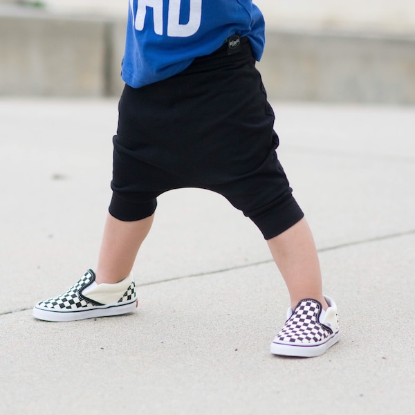 Baby Boy Baby Girl Solid Black Harem Shorts: Etsy kid's fashion, toddler boy toddler girl, cloth diaper cover, drop crotch