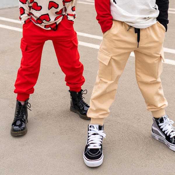 Unisex Kid's Cargo Jogger Pants - ready-to-ship, Red or Khaki, you choose! Boy's Girl’s Jogger Pants, Cool Kids Clothes